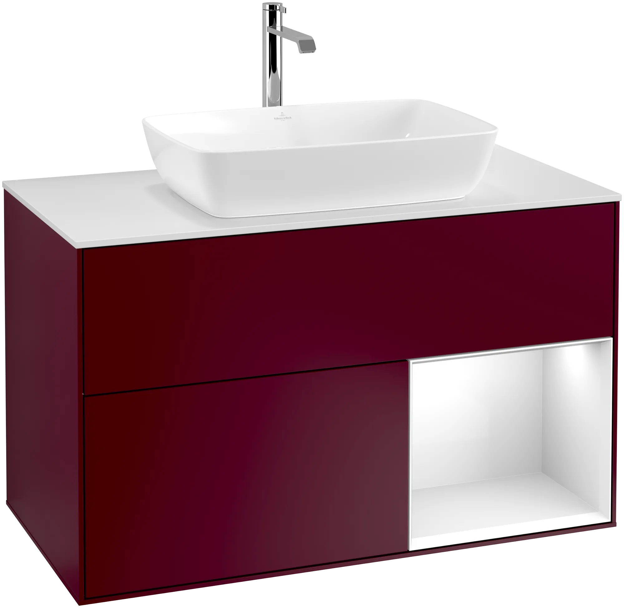 Зображення з  VILLEROY BOCH Finion Vanity unit, with lighting, 2 pull-out compartments, 1000 x 603 x 501 mm, Peony Matt Lacquer / Glossy White Lacquer / Glass White Matt #G781GFHB
