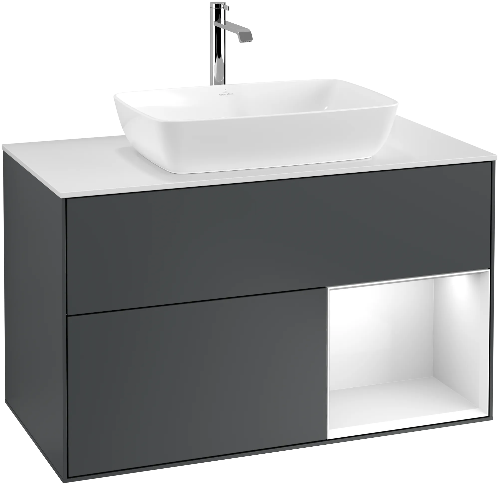 VILLEROY BOCH Finion Vanity unit, with lighting, 2 pull-out compartments, 1000 x 603 x 501 mm, Midnight Blue Matt Lacquer / Glossy White Lacquer / Glass White Matt #G781GFHG resmi