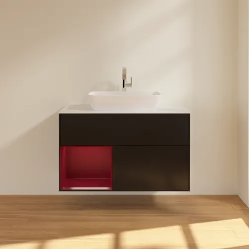 Bild von VILLEROY BOCH Finion Waschbeckenunterschrank, mit Beleuchtung, 2 Auszüge, 1000 x 603 x 501 mm, Black Matt Lacquer / Peony Matt Lacquer / Glass White Matt #G771HBPD