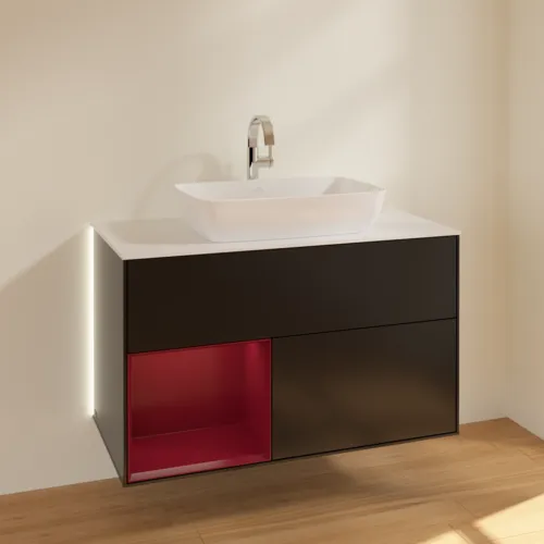 Bild von VILLEROY BOCH Finion Waschbeckenunterschrank, mit Beleuchtung, 2 Auszüge, 1000 x 603 x 501 mm, Black Matt Lacquer / Peony Matt Lacquer / Glass White Matt #G771HBPD