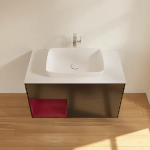 Bild von VILLEROY BOCH Finion Waschbeckenunterschrank, mit Beleuchtung, 2 Auszüge, 1000 x 603 x 501 mm, Black Matt Lacquer / Peony Matt Lacquer / Glass White Matt #G771HBPD