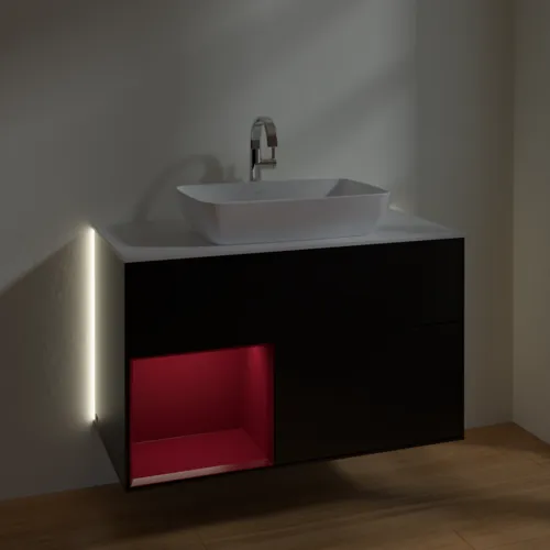 Bild von VILLEROY BOCH Finion Waschbeckenunterschrank, mit Beleuchtung, 2 Auszüge, 1000 x 603 x 501 mm, Black Matt Lacquer / Peony Matt Lacquer / Glass White Matt #G771HBPD