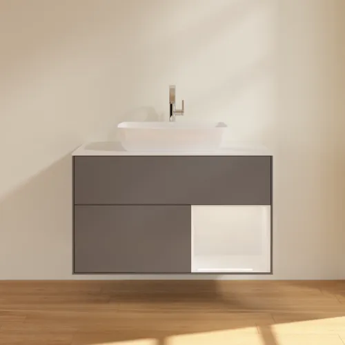 VILLEROY BOCH Finion Waschbeckenunterschrank, mit Beleuchtung, 2 Auszüge, 1000 x 603 x 501 mm, Anthracite Matt Lacquer / Glossy White Lacquer / Glass White Matt #G781GFGK, Bild 2