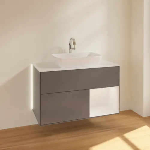 VILLEROY BOCH Finion Waschbeckenunterschrank, mit Beleuchtung, 2 Auszüge, 1000 x 603 x 501 mm, Anthracite Matt Lacquer / Glossy White Lacquer / Glass White Matt #G781GFGK, Bild 4