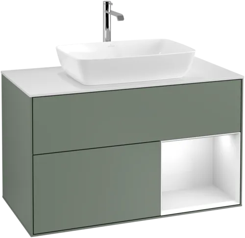 Зображення з  VILLEROY BOCH Finion Vanity unit, with lighting, 2 pull-out compartments, 1000 x 603 x 501 mm, Olive Matt Lacquer / Glossy White Lacquer / Glass White Matt #G781GFGM