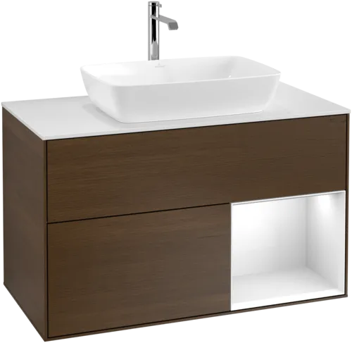 Picture of VILLEROY BOCH Finion Vanity unit, with lighting, 2 pull-out compartments, 1000 x 603 x 501 mm, Walnut Veneer / Glossy White Lacquer / Glass White Matt #G781GFGN