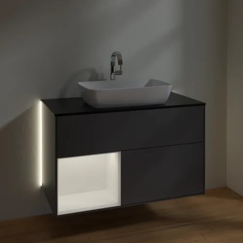 Bild von VILLEROY BOCH Finion Waschbeckenunterschrank, mit Beleuchtung, 2 Auszüge, 1000 x 603 x 501 mm, Anthracite Matt Lacquer / White Matt Lacquer / Glass Black Matt #G772MTGK