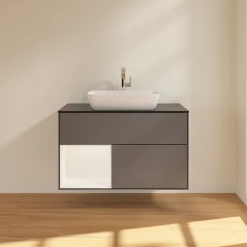 Bild von VILLEROY BOCH Finion Waschbeckenunterschrank, mit Beleuchtung, 2 Auszüge, 1000 x 603 x 501 mm, Anthracite Matt Lacquer / White Matt Lacquer / Glass Black Matt #G772MTGK