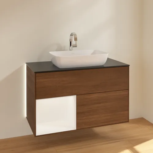 VILLEROY BOCH Finion Waschbeckenunterschrank, mit Beleuchtung, 2 Auszüge, 1000 x 603 x 501 mm, Walnut Veneer / White Matt Lacquer / Glass Black Matt #G772MTGN, Bild 4