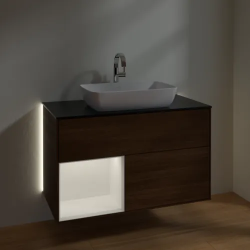 VILLEROY BOCH Finion Waschbeckenunterschrank, mit Beleuchtung, 2 Auszüge, 1000 x 603 x 501 mm, Walnut Veneer / White Matt Lacquer / Glass Black Matt #G772MTGN, Bild 8
