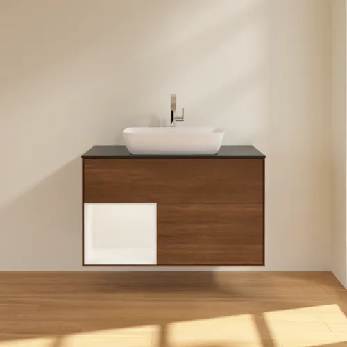 VILLEROY BOCH Finion Waschbeckenunterschrank, mit Beleuchtung, 2 Auszüge, 1000 x 603 x 501 mm, Walnut Veneer / White Matt Lacquer / Glass Black Matt #G772MTGN, Bild 2