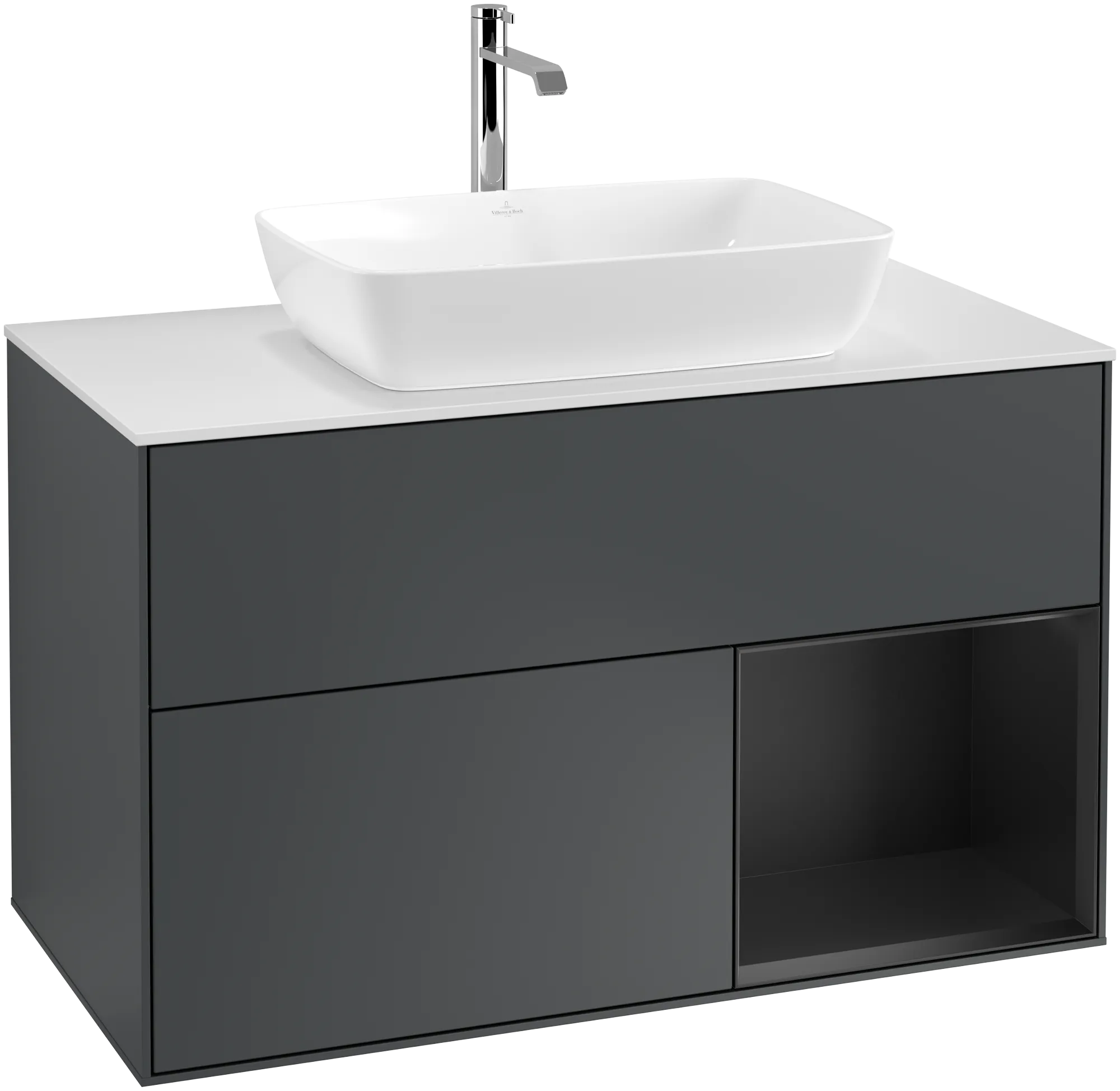 Picture of VILLEROY BOCH Finion Vanity unit, with lighting, 2 pull-out compartments, 1000 x 603 x 501 mm, Midnight Blue Matt Lacquer / Black Matt Lacquer / Glass White Matt #G781PDHG