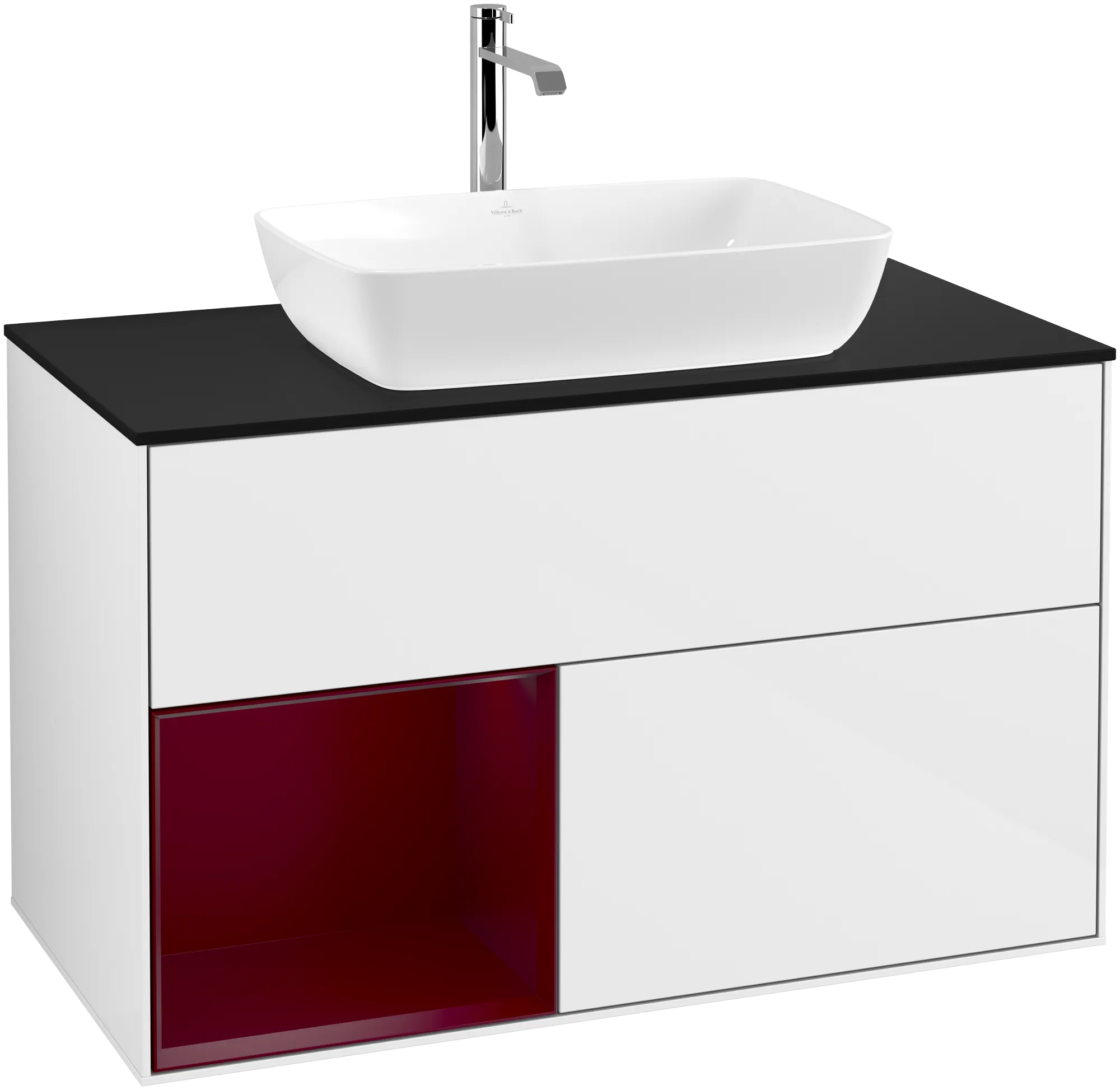 Picture of VILLEROY BOCH Finion Vanity unit, with lighting, 2 pull-out compartments, 1000 x 603 x 501 mm, Glossy White Lacquer / Peony Matt Lacquer / Glass Black Matt #G772HBGF