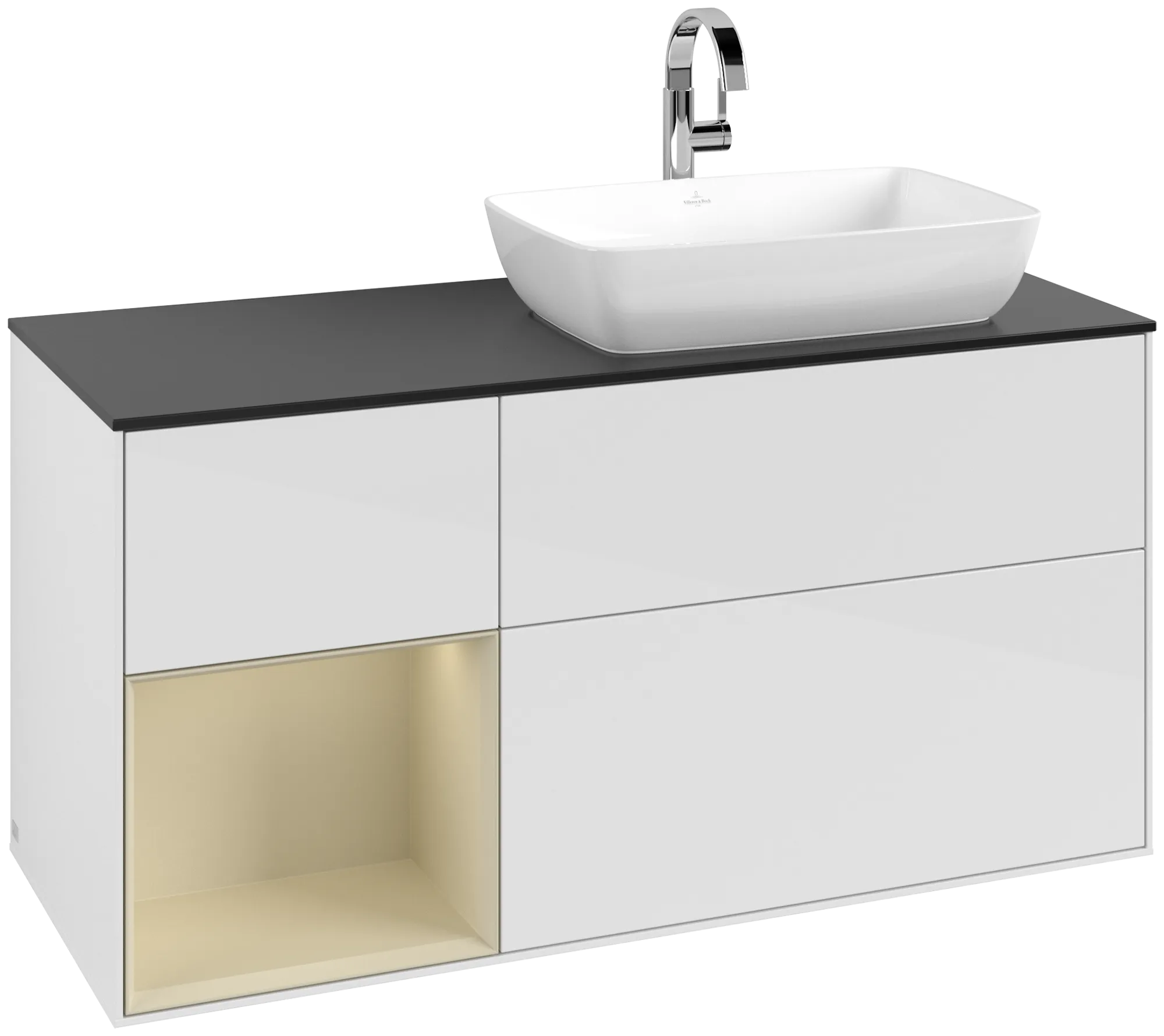 Obrázek VILLEROY BOCH Finion Vanity unit, with lighting, 3 pull-out compartments, 1200 x 603 x 501 mm, Glossy White Lacquer / Silk Grey Matt Lacquer / Glass Black Matt #G802HJGF