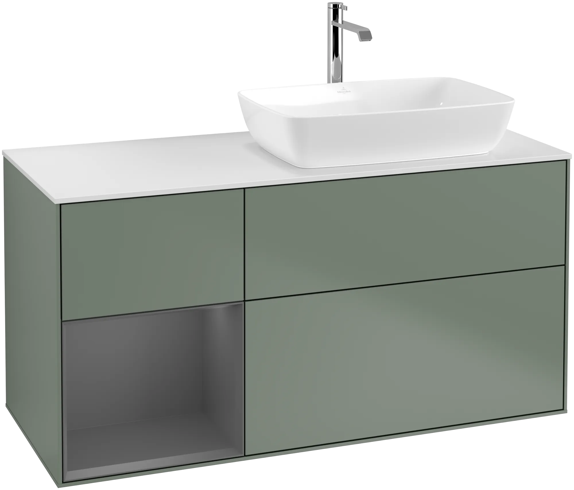 Зображення з  VILLEROY BOCH Finion Vanity unit, with lighting, 3 pull-out compartments, 1200 x 603 x 501 mm, Olive Matt Lacquer / Anthracite Matt Lacquer / Glass White Matt #G801GKGM