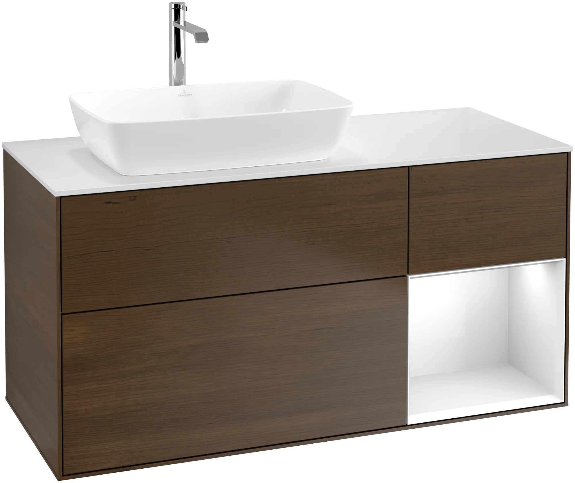 Obrázek VILLEROY BOCH Finion Vanity unit, with lighting, 3 pull-out compartments, 1200 x 603 x 501 mm, Walnut Veneer / Glossy White Lacquer / Glass White Matt #G811GFGN