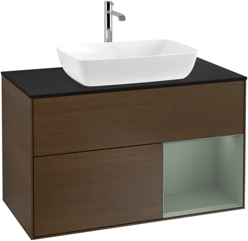 Picture of VILLEROY BOCH Finion Vanity unit, with lighting, 2 pull-out compartments, 1000 x 603 x 501 mm, Walnut Veneer / Olive Matt Lacquer / Glass Black Matt #G782GMGN