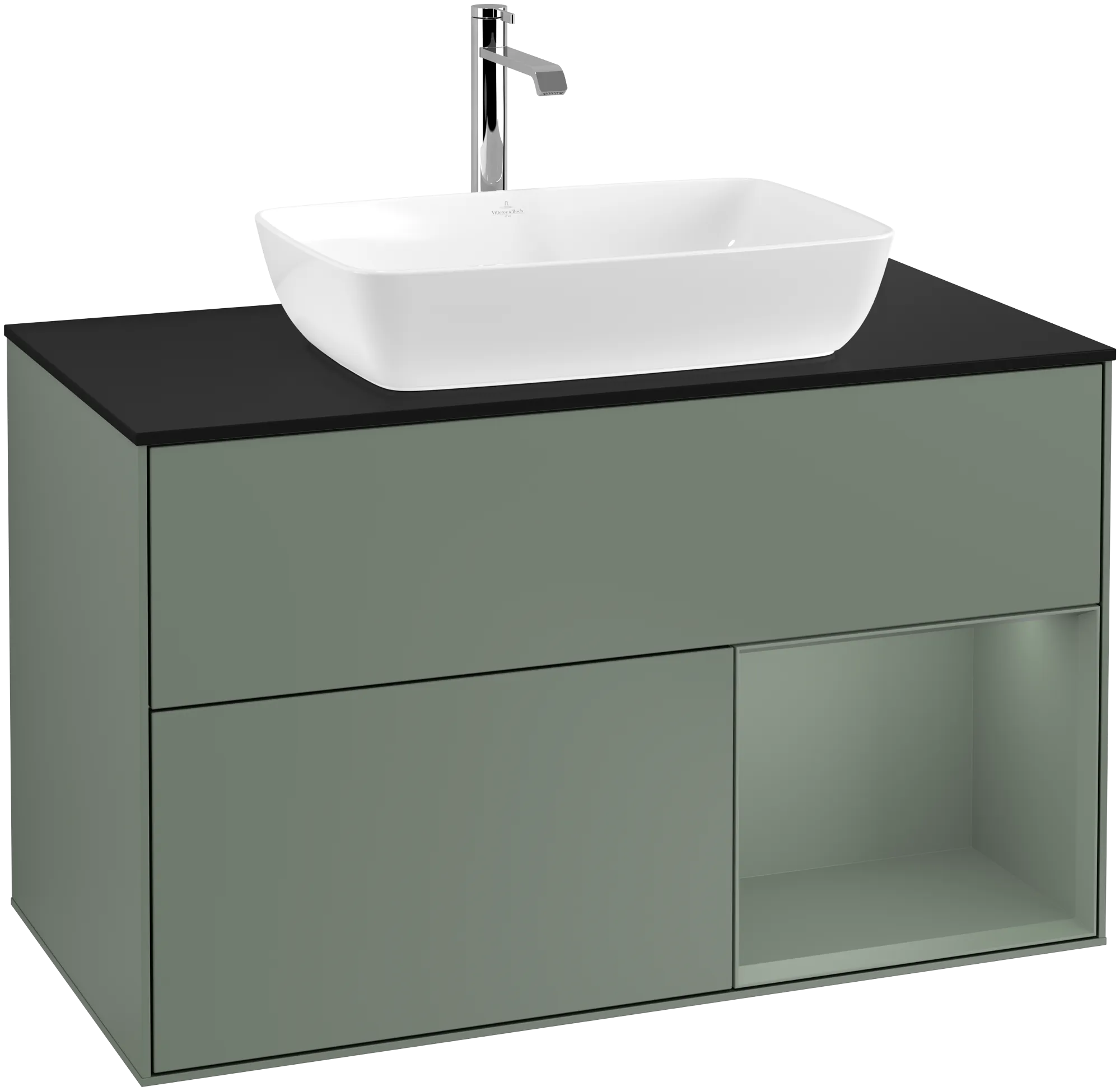 VILLEROY BOCH Finion Vanity unit, with lighting, 2 pull-out compartments, 1000 x 603 x 501 mm, Olive Matt Lacquer / Olive Matt Lacquer / Glass Black Matt #G782GMGM resmi