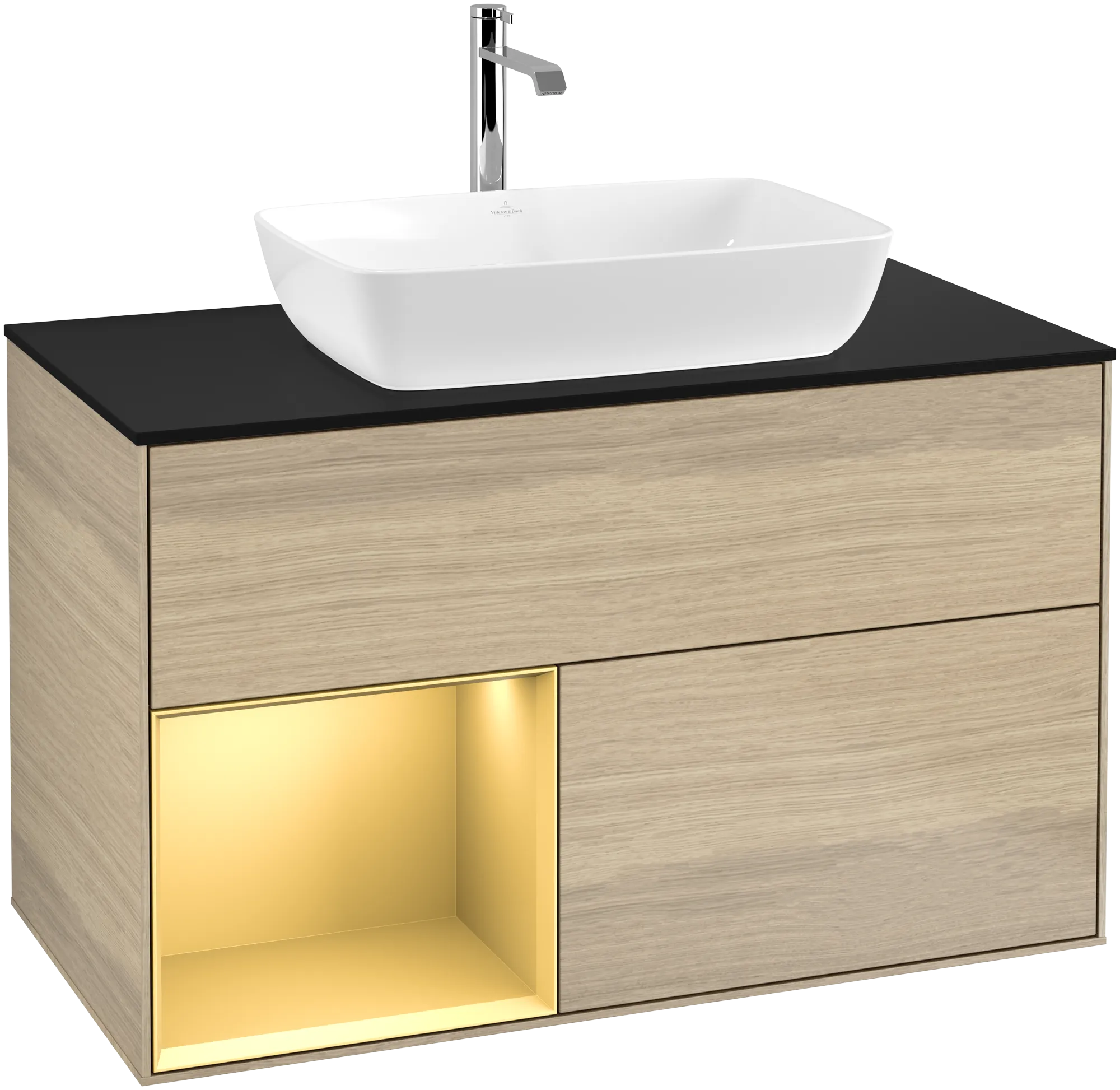 Picture of VILLEROY BOCH Finion Vanity unit, with lighting, 2 pull-out compartments, 1000 x 603 x 501 mm, Oak Veneer / Gold Matt Lacquer / Glass Black Matt #G772HFPC