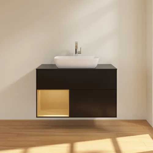 Bild von VILLEROY BOCH Finion Waschbeckenunterschrank, mit Beleuchtung, 2 Auszüge, 1000 x 603 x 501 mm, Black Matt Lacquer / Gold Matt Lacquer / Glass Black Matt #G772HFPD