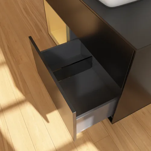 Bild von VILLEROY BOCH Finion Waschbeckenunterschrank, mit Beleuchtung, 2 Auszüge, 1000 x 603 x 501 mm, Black Matt Lacquer / Gold Matt Lacquer / Glass Black Matt #G772HFPD