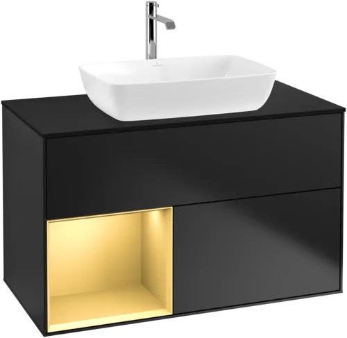 Obrázek VILLEROY BOCH Finion Vanity unit, with lighting, 2 pull-out compartments, 1000 x 603 x 501 mm, Black Matt Lacquer / Gold Matt Lacquer / Glass Black Matt #G772HFPD