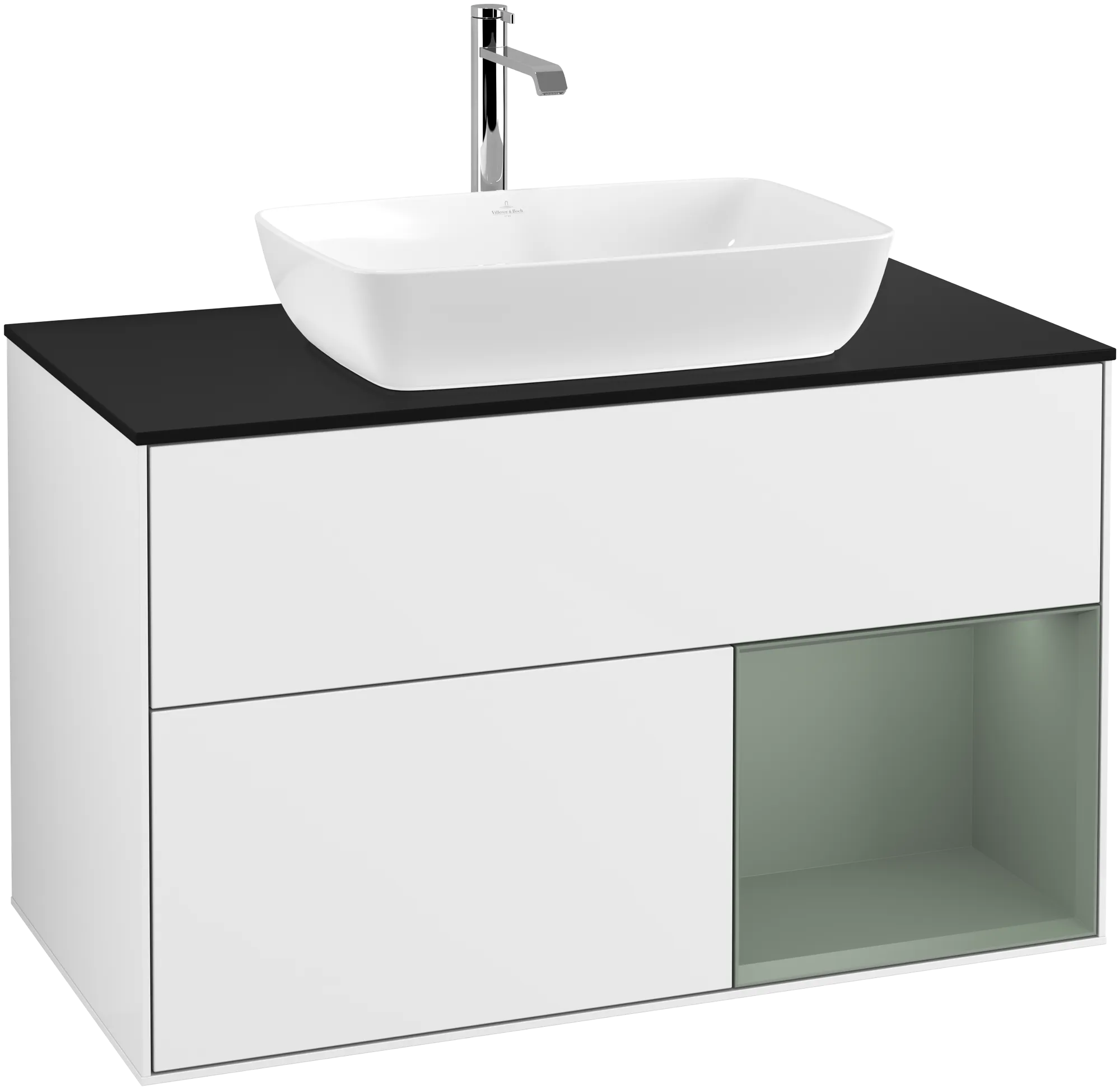 VILLEROY BOCH Finion Vanity unit, with lighting, 2 pull-out compartments, 1000 x 603 x 501 mm, Glossy White Lacquer / Olive Matt Lacquer / Glass Black Matt #G782GMGF resmi