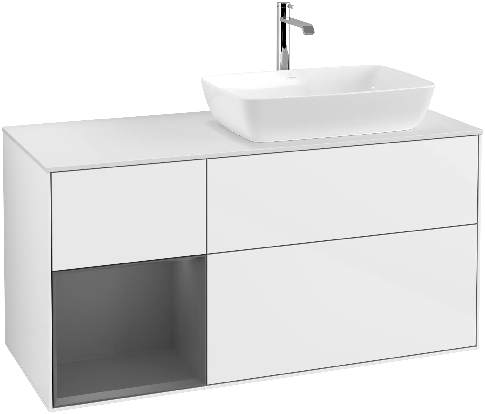 VILLEROY BOCH Finion Vanity unit, with lighting, 3 pull-out compartments, 1200 x 603 x 501 mm, Glossy White Lacquer / Anthracite Matt Lacquer / Glass White Matt #G801GKGF resmi