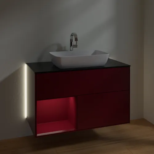 Bild von VILLEROY BOCH Finion Waschbeckenunterschrank, mit Beleuchtung, 2 Auszüge, 1000 x 603 x 501 mm, Peony Matt Lacquer / Peony Matt Lacquer / Glass Black Matt #G772HBHB