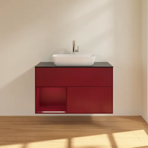 Bild von VILLEROY BOCH Finion Waschbeckenunterschrank, mit Beleuchtung, 2 Auszüge, 1000 x 603 x 501 mm, Peony Matt Lacquer / Peony Matt Lacquer / Glass Black Matt #G772HBHB