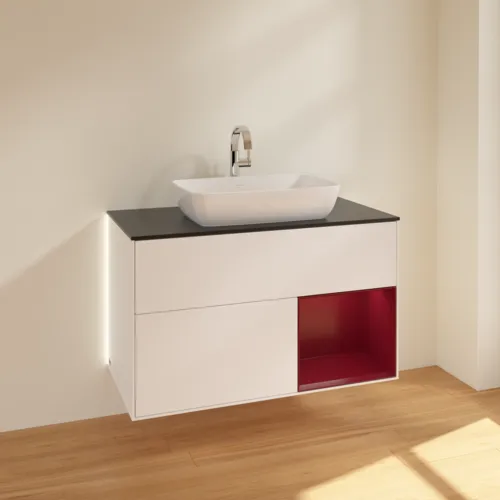 VILLEROY BOCH Finion Waschbeckenunterschrank, mit Beleuchtung, 2 Auszüge, 1000 x 603 x 501 mm, White Matt Lacquer / Peony Matt Lacquer / Glass Black Matt #G782HBMT, Bild 4