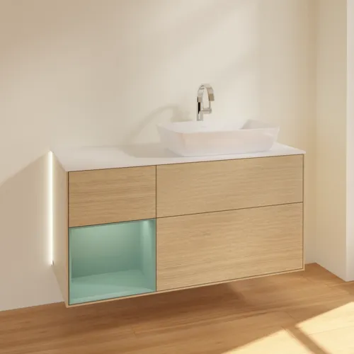 VILLEROY BOCH Finion Waschbeckenunterschrank, mit Beleuchtung, 3 Auszüge, 1200 x 603 x 501 mm, Oak Veneer / Olive Matt Lacquer / Glass White Matt #G801GMPC, Bild 4
