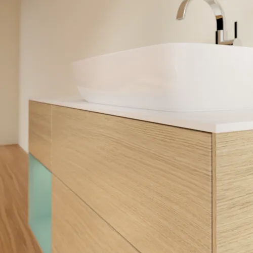 VILLEROY BOCH Finion Waschbeckenunterschrank, mit Beleuchtung, 3 Auszüge, 1200 x 603 x 501 mm, Oak Veneer / Olive Matt Lacquer / Glass White Matt #G801GMPC, Bild 5