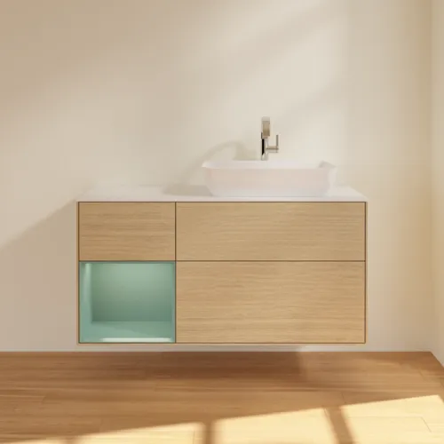 VILLEROY BOCH Finion Waschbeckenunterschrank, mit Beleuchtung, 3 Auszüge, 1200 x 603 x 501 mm, Oak Veneer / Olive Matt Lacquer / Glass White Matt #G801GMPC, Bild 2