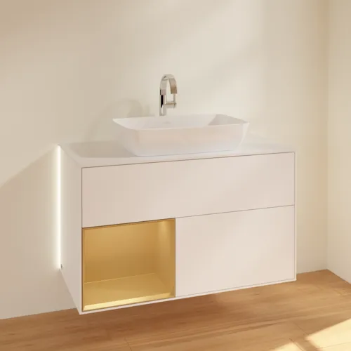 VILLEROY BOCH Finion Waschbeckenunterschrank, mit Beleuchtung, 2 Auszüge, 1000 x 603 x 501 mm, White Matt Lacquer / Gold Matt Lacquer / Glass White Matt #G771HFMT, Bild 4