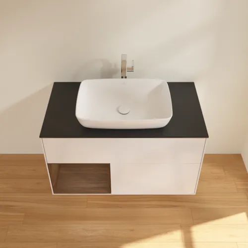 VILLEROY BOCH Finion Waschbeckenunterschrank, mit Beleuchtung, 2 Auszüge, 1000 x 603 x 501 mm, Glossy White Lacquer / Walnut Veneer / Glass Black Matt #G772GNGF, Bild 3