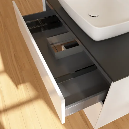 VILLEROY BOCH Finion Waschbeckenunterschrank, mit Beleuchtung, 2 Auszüge, 1000 x 603 x 501 mm, Glossy White Lacquer / Walnut Veneer / Glass Black Matt #G772GNGF, Bild 7