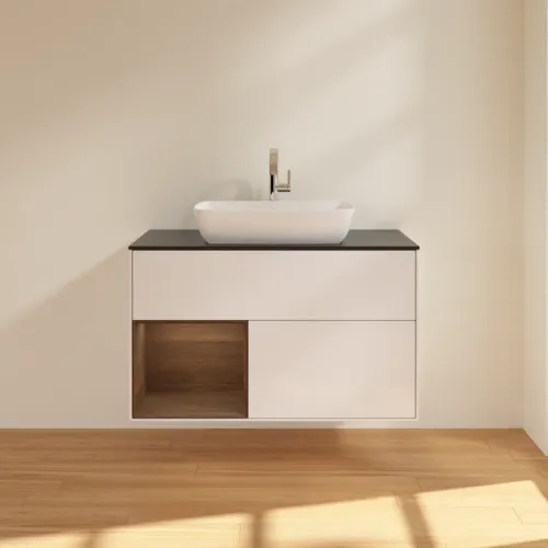 VILLEROY BOCH Finion Waschbeckenunterschrank, mit Beleuchtung, 2 Auszüge, 1000 x 603 x 501 mm, Glossy White Lacquer / Walnut Veneer / Glass Black Matt #G772GNGF, Bild 2
