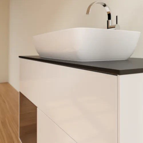 VILLEROY BOCH Finion Waschbeckenunterschrank, mit Beleuchtung, 2 Auszüge, 1000 x 603 x 501 mm, Glossy White Lacquer / Walnut Veneer / Glass Black Matt #G772GNGF, Bild 5