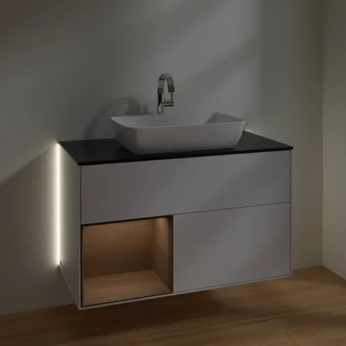 VILLEROY BOCH Finion Waschbeckenunterschrank, mit Beleuchtung, 2 Auszüge, 1000 x 603 x 501 mm, Glossy White Lacquer / Walnut Veneer / Glass Black Matt #G772GNGF, Bild 8