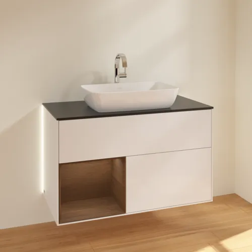 VILLEROY BOCH Finion Waschbeckenunterschrank, mit Beleuchtung, 2 Auszüge, 1000 x 603 x 501 mm, Glossy White Lacquer / Walnut Veneer / Glass Black Matt #G772GNGF, Bild 4