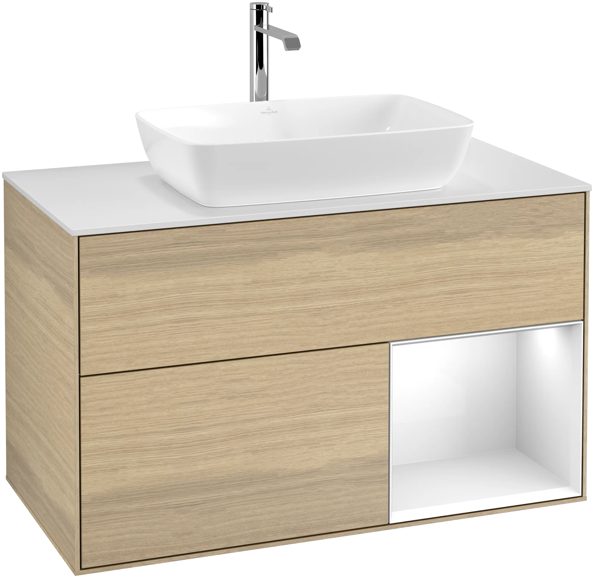 VILLEROY BOCH Finion Vanity unit, with lighting, 2 pull-out compartments, 1000 x 603 x 501 mm, Oak Veneer / Glossy White Lacquer / Glass White Matt #G781GFPC resmi