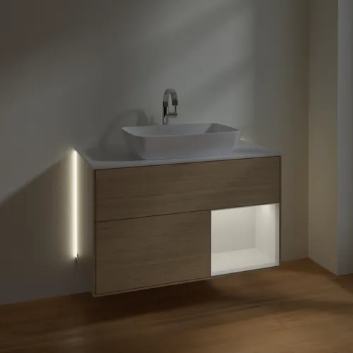 Obrázek VILLEROY BOCH Finion Vanity unit, with lighting, 2 pull-out compartments, 1000 x 603 x 501 mm, Oak Veneer / Glossy White Lacquer / Glass White Matt #G781GFPC