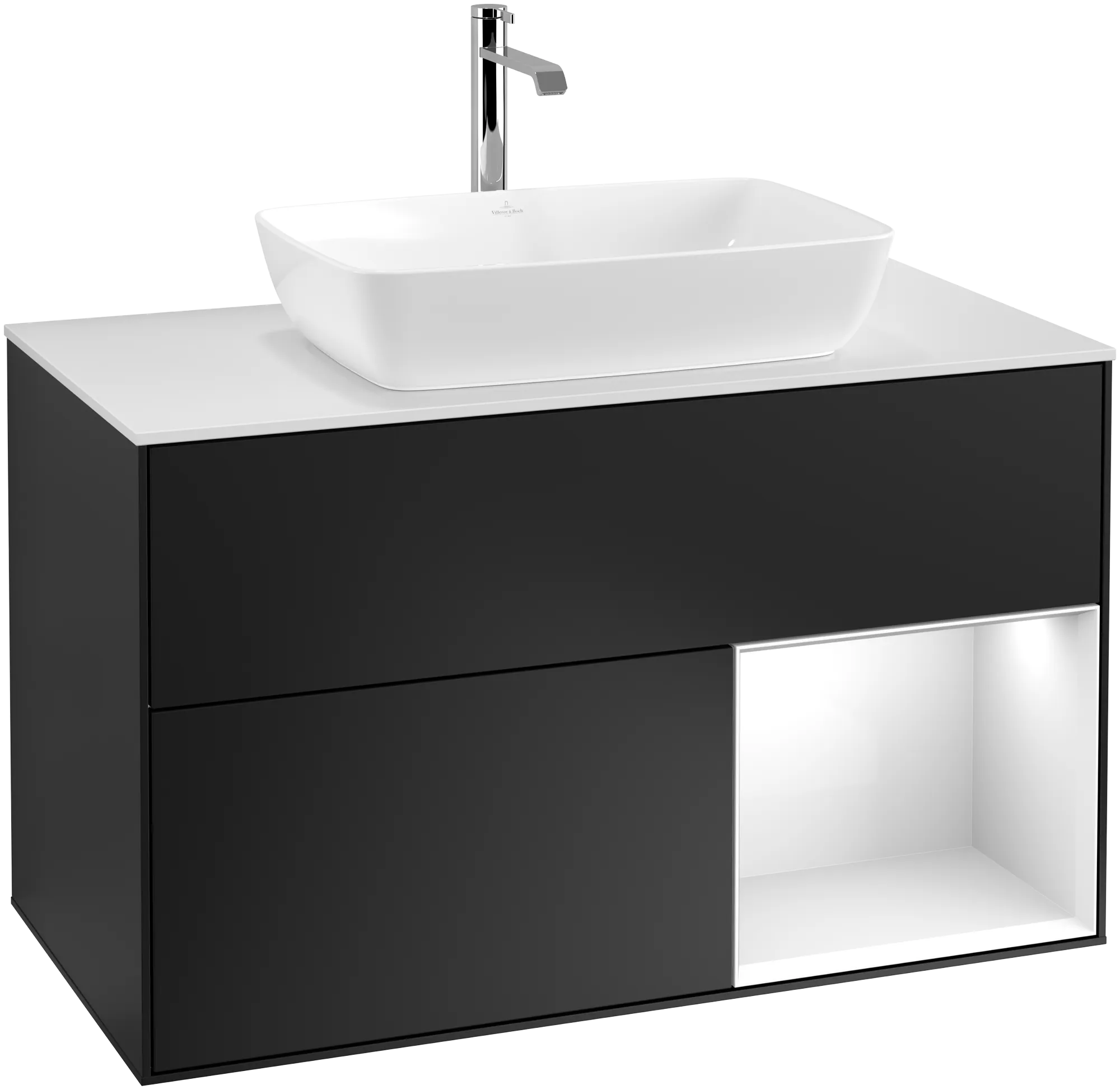Picture of VILLEROY BOCH Finion Vanity unit, with lighting, 2 pull-out compartments, 1000 x 603 x 501 mm, Black Matt Lacquer / Glossy White Lacquer / Glass White Matt #G781GFPD