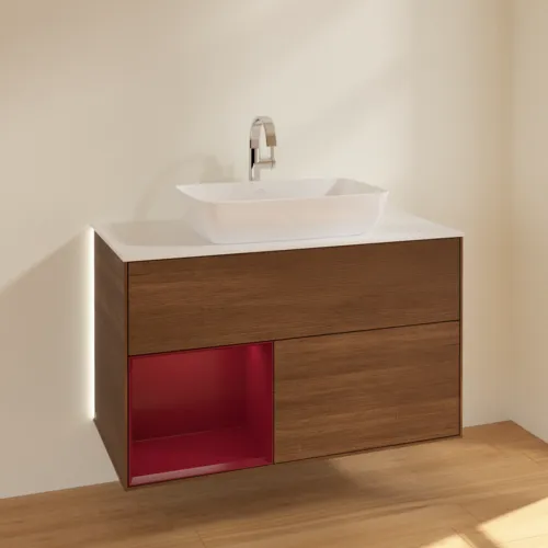 VILLEROY BOCH Finion Waschbeckenunterschrank, mit Beleuchtung, 2 Auszüge, 1000 x 603 x 501 mm, Walnut Veneer / Peony Matt Lacquer / Glass White Matt #G771HBGN, Bild 4