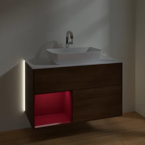 VILLEROY BOCH Finion Waschbeckenunterschrank, mit Beleuchtung, 2 Auszüge, 1000 x 603 x 501 mm, Walnut Veneer / Peony Matt Lacquer / Glass White Matt #G771HBGN, Bild 8