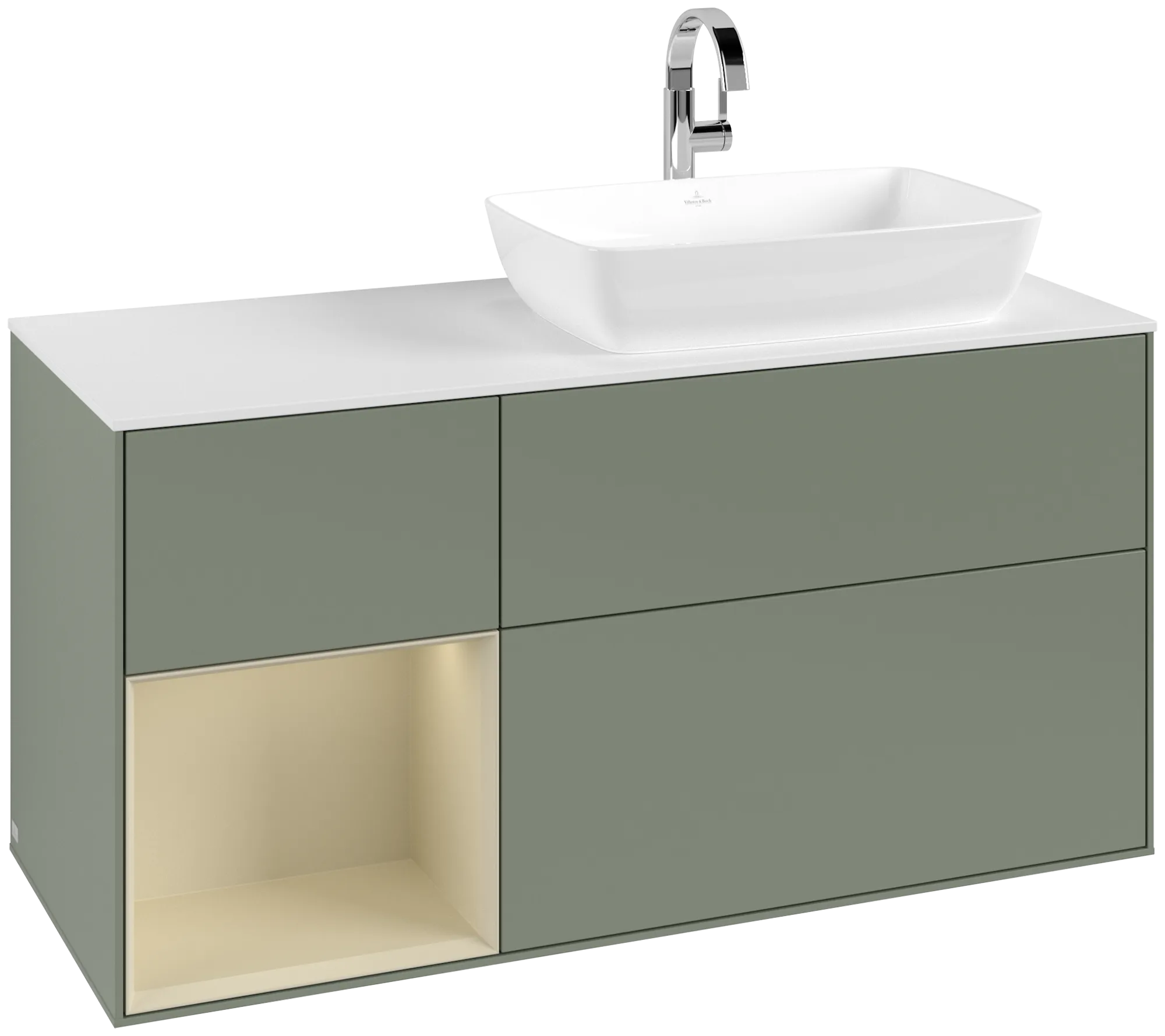 Picture of VILLEROY BOCH Finion Vanity unit, with lighting, 3 pull-out compartments, 1200 x 603 x 501 mm, Olive Matt Lacquer / Silk Grey Matt Lacquer / Glass White Matt #G801HJGM