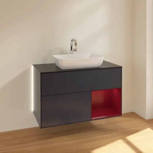 Bild von VILLEROY BOCH Finion Waschbeckenunterschrank, mit Beleuchtung, 2 Auszüge, 1000 x 603 x 501 mm, Midnight Blue Matt Lacquer / Peony Matt Lacquer / Glass Black Matt #G782HBHG