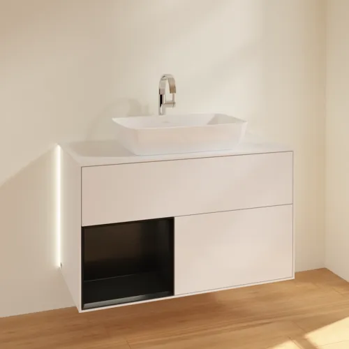 Bild von VILLEROY BOCH Finion Waschbeckenunterschrank, mit Beleuchtung, 2 Auszüge, 1000 x 603 x 501 mm, Glossy White Lacquer / Black Matt Lacquer / Glass White Matt #G771PDGF