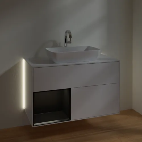 Bild von VILLEROY BOCH Finion Waschbeckenunterschrank, mit Beleuchtung, 2 Auszüge, 1000 x 603 x 501 mm, Glossy White Lacquer / Black Matt Lacquer / Glass White Matt #G771PDGF